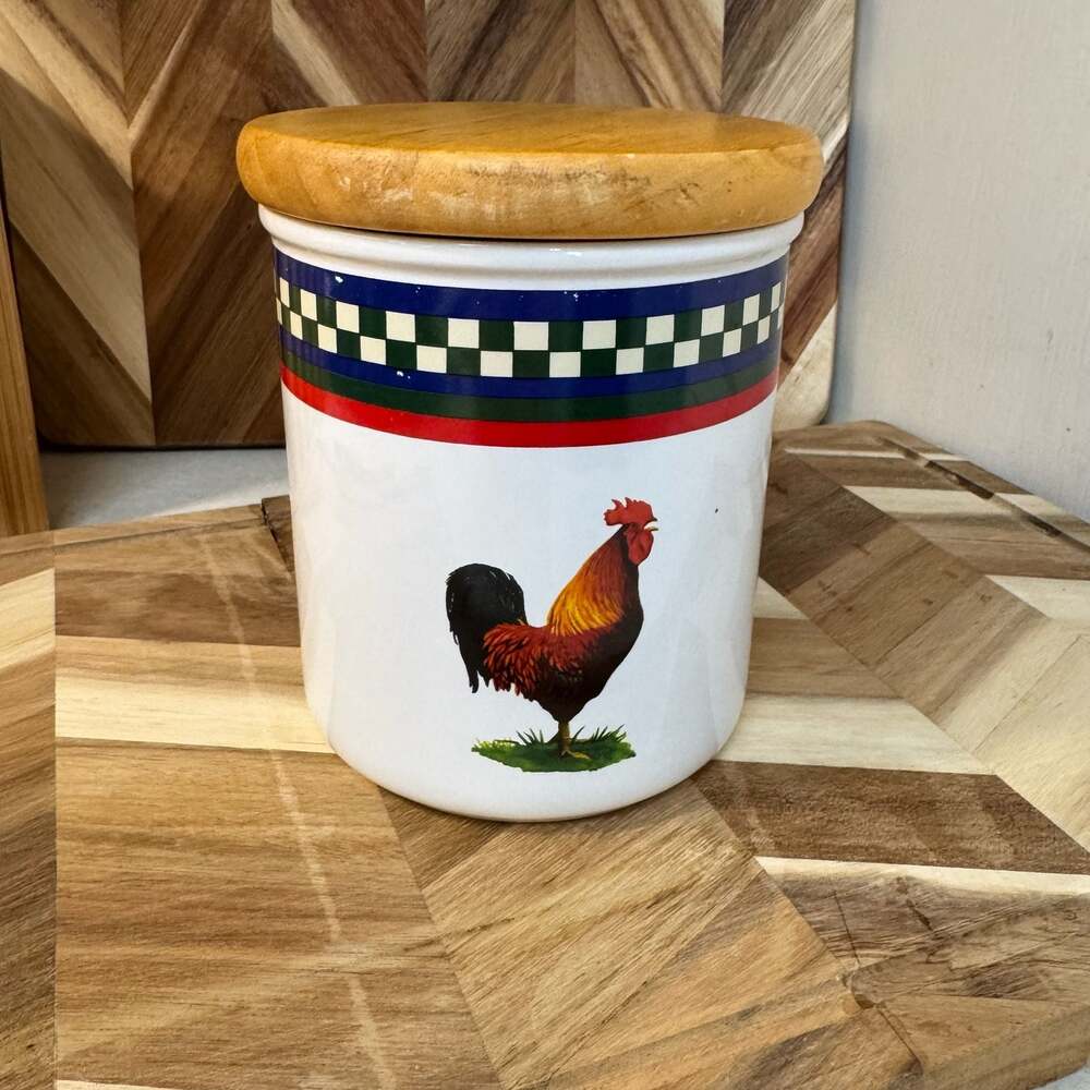 Bob Timberlake Ella's Rooster Ceramic Canister with Wooden Lid 5 in.